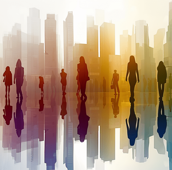 shadows of many people in urban environment