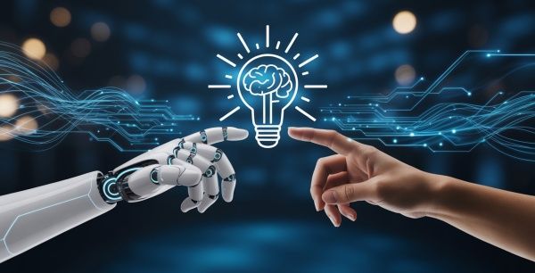 robot and human hand fingers touching a imaginary light bulb