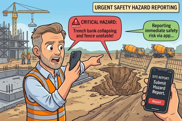 a man reporting a hazard to a mobile at a consturction site