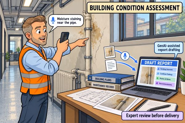 a man speaking to mobile while inspecting a building and a laptop open to report findings