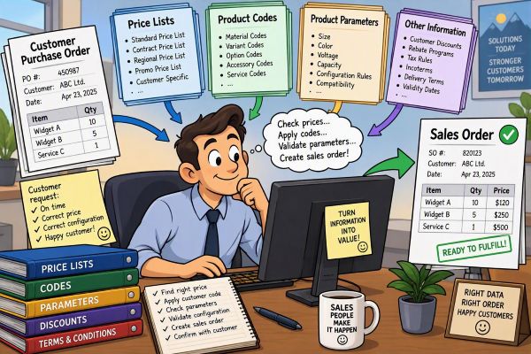 sales person making a sales order based on price lists and customer data