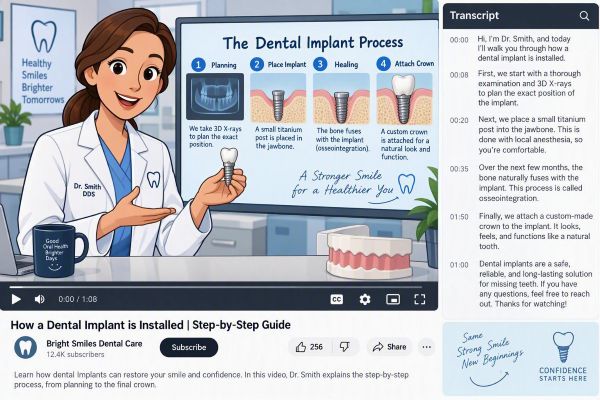 dentist showing how to install an implant in a video with transcript
