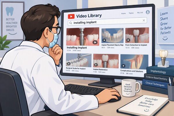 a professional dentist searching for a video from a library with chat